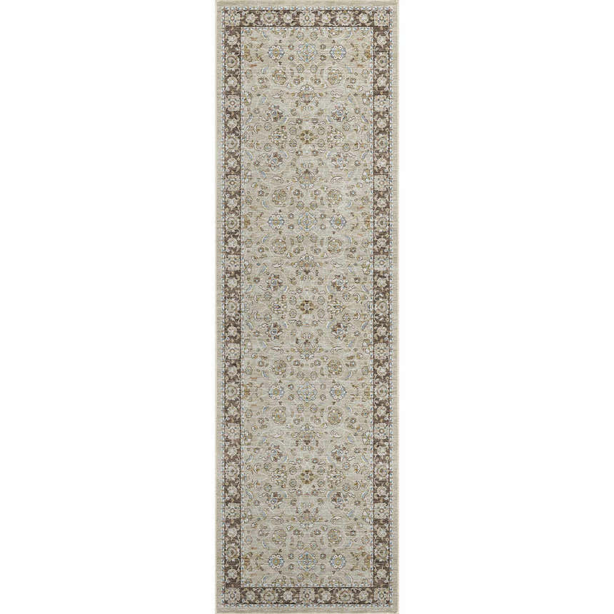 Dalyn Luxury Hatay HY1 Beige runner rug. Traditional floral pattern in beige, brown, and ivory tones.