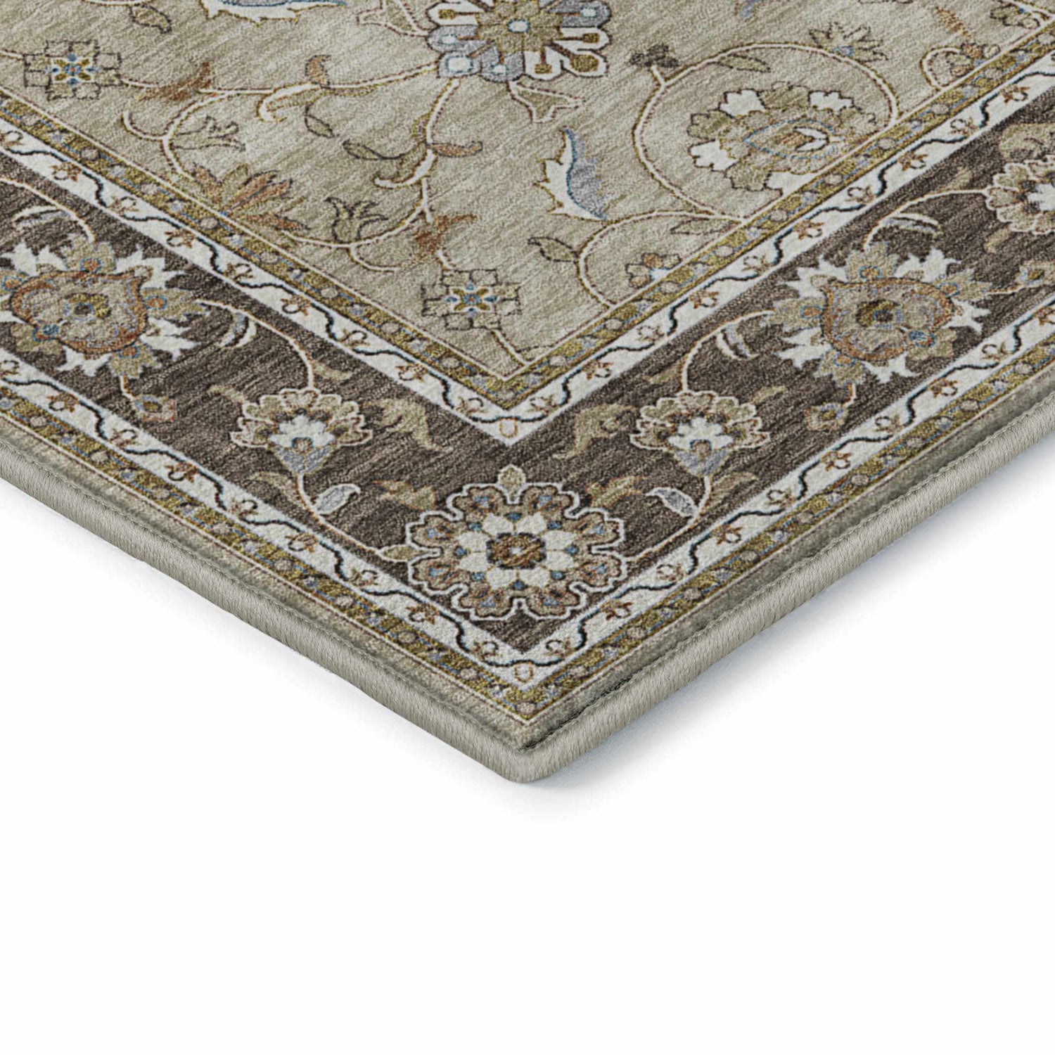 Close up of the beige Dalyn Luxury Hatay HY1 rug. Features a traditional floral pattern with brown accents.