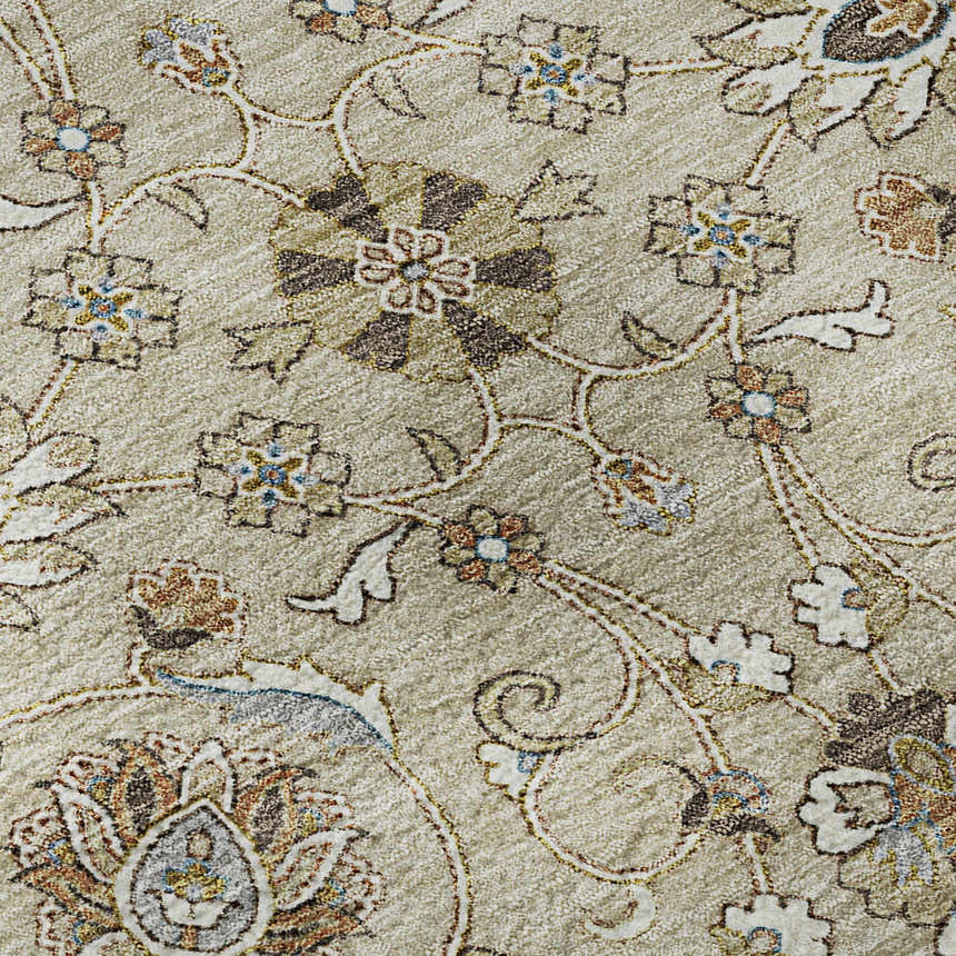 Close-up of Dalyn Luxury Hatay HY1 Beige Washable Area Rug with floral and vine pattern in beige, brown, and ivory.