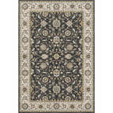 Close-up of the Dalyn Luxury Hatay HY1 Black Washable Area Rug. Features a traditional floral pattern in black, beige, and caramel tones.