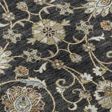 Close-up of Dalyn Luxury Hatay HY1 Black Washable Area Rug. Beige, caramel, and chestnut floral pattern on black.