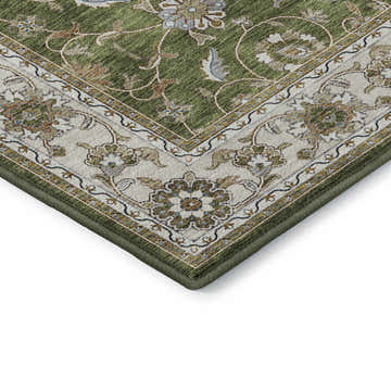 Close up of the Dalyn Luxury Hatay HY1 Olive Washable Area Rug. Features a traditional floral pattern in olive, beige, and caramel tones.