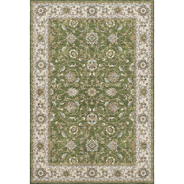 Close-up of the Dalyn Luxury Hatay HY1 Olive Washable Area Rug. Features a traditional floral pattern in olive, beige, and caramel tones.