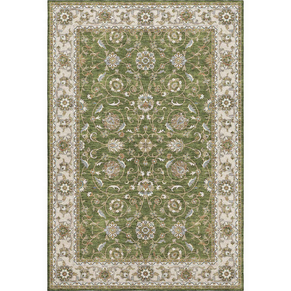 Close-up of the Dalyn Luxury Hatay HY1 Olive Washable Area Rug. Features a traditional floral pattern in olive, beige, and caramel tones.