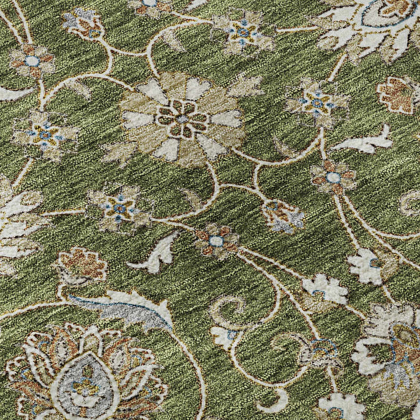 Close up of the Dalyn Luxury Hatay HY1 Olive Washable Area Rug. Features a traditional floral pattern in olive, beige, and caramel tones.
