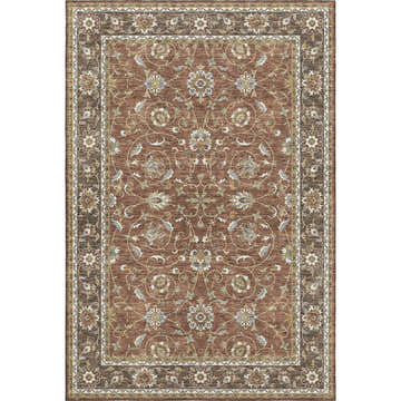 Detailed floral pattern on a Dalyn Luxury Hatay HY1 Paprika Washable Area Rug. Beige, brown, and paprika tones.