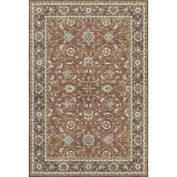Detailed floral pattern on a Dalyn Luxury Hatay HY1 Paprika Washable Area Rug. Beige, brown, and paprika tones.