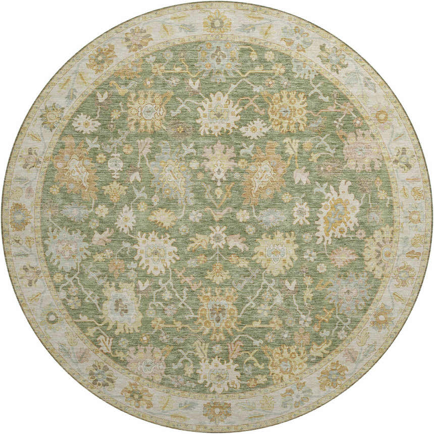 Round Dalyn Luxury Hatay HY2 Aloe Washable Area Rug with a traditional floral pattern in aloe, beige, and caramel tones.