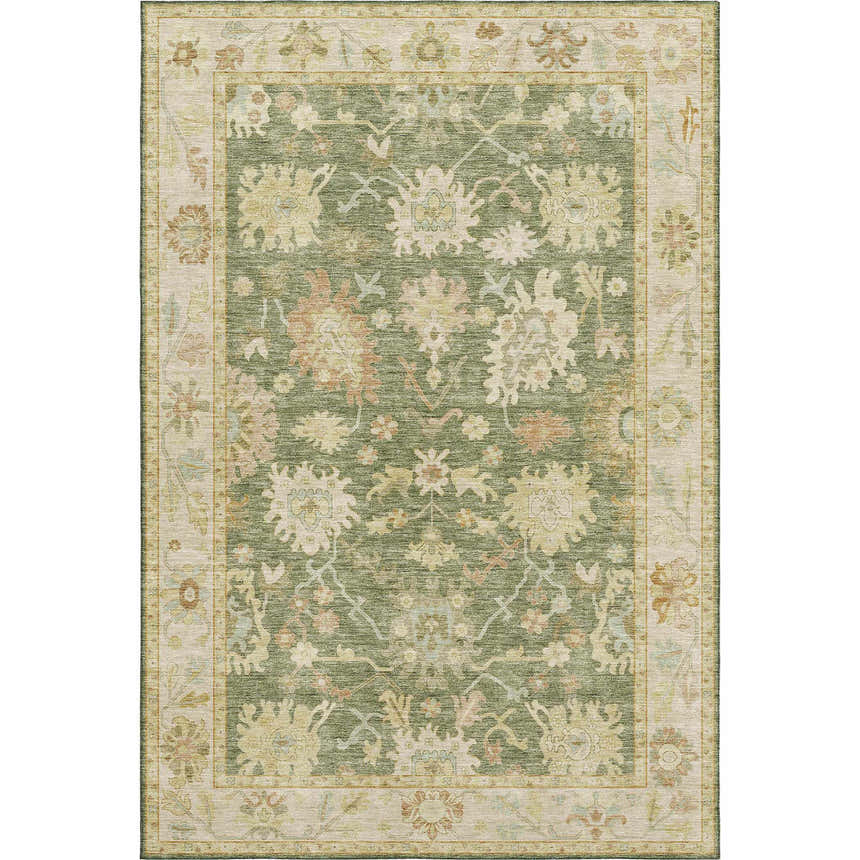 Dalyn Luxury Hatay HY2 Aloe Washable Area Rug. Traditional floral design in aloe, beige, caramel, muted sage, and peach.