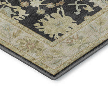 Close-up of the Dalyn Luxury Hatay HY2 Black Washable Area Rug, showing the black, beige, and floral pattern.