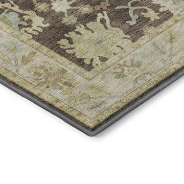 Close-up of the Dalyn Luxury Hatay HY2 Chocolate Washable Area Rug, featuring a traditional floral pattern in beige, brown, and ivory.