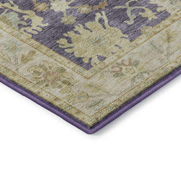 Close up of the Dalyn Luxury Hatay HY2 Eggplant Washable Area Rug, featuring a traditional floral pattern in eggplant, beige and muted sage.