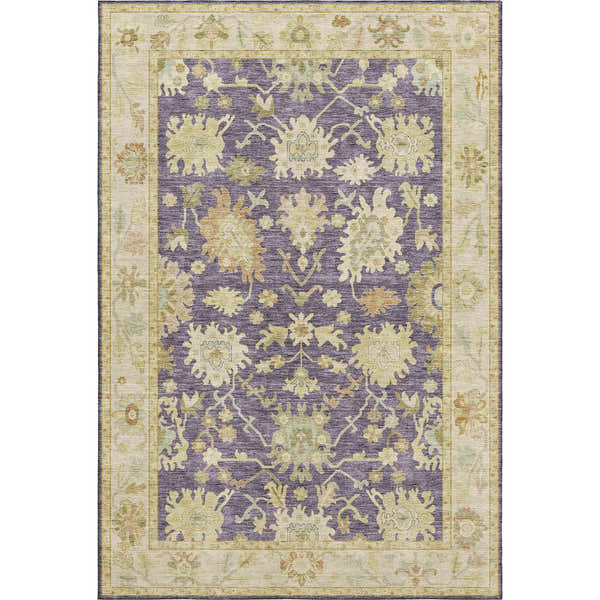 Close-up of the Dalyn Luxury Hatay HY2 Eggplant Washable Area Rug. Features purple, beige, and gold floral pattern.