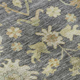 Close-up of the Dalyn Luxury Hatay HY2 Gray Washable Area Rug, showing floral pattern in beige, caramel, and muted sage.