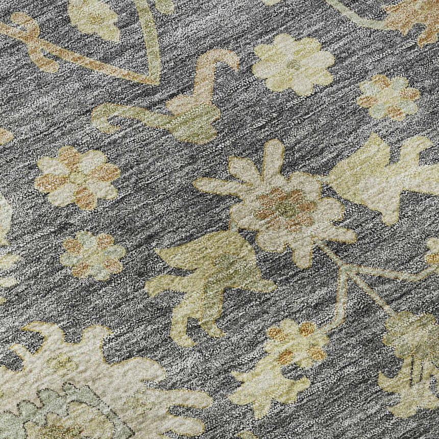 Close-up of the Dalyn Luxury Hatay HY2 Gray Washable Area Rug, showing floral pattern in beige, caramel, and muted sage.