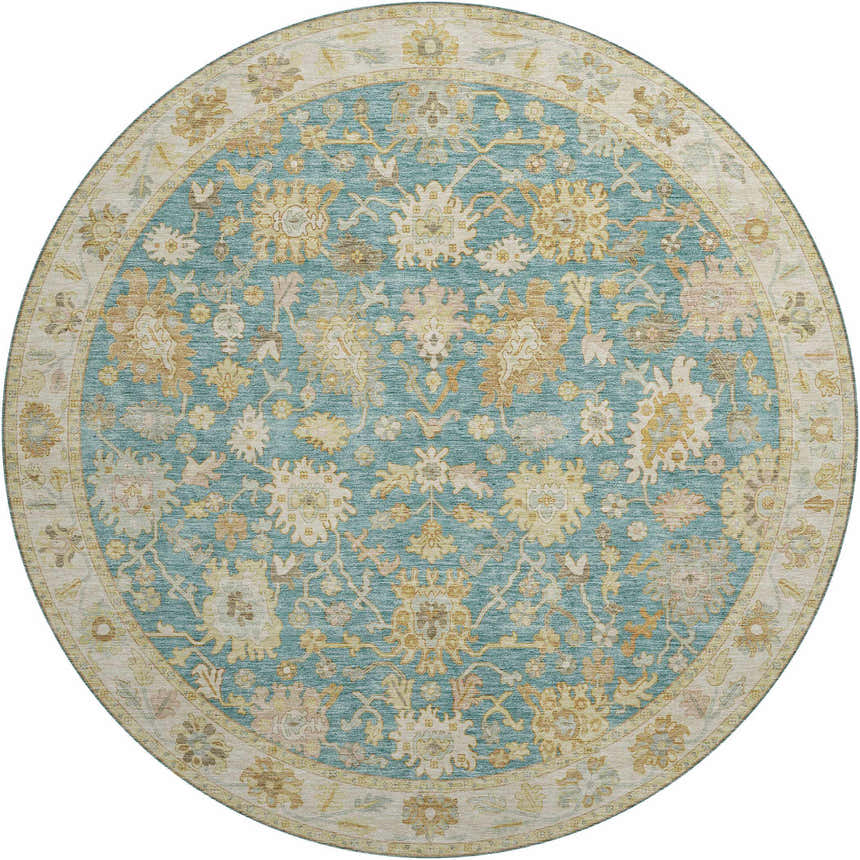 Close-up of the round Dalyn Luxury Hatay HY2 Teal Washable Area Rug, featuring beige, gold, and blush pink floral patterns.