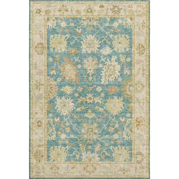 Detailed view of the Dalyn Luxury Hatay HY2 Teal Washable Area Rug, featuring a traditional floral pattern in teal, beige, and blush pink.