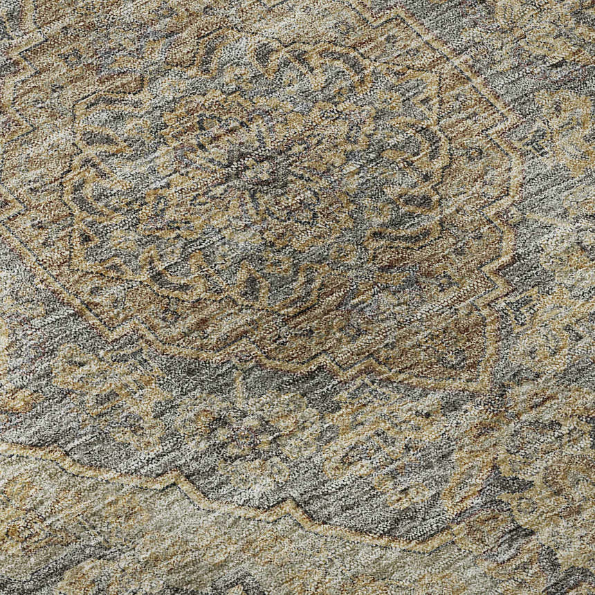 Close-up of the Dalyn Luxury Hatay HY3 Charcoal Washable Area Rug. Farmhouse style rug in caramel, gold, ivory, and taupe.