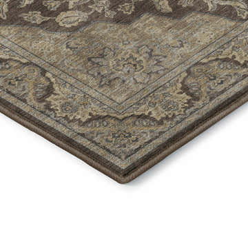 Close-up of the brown Dalyn Luxury Hatay HY3 Chocolate Washable Area Rug featuring a traditional floral pattern.