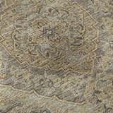 Close-up of the Dalyn Luxury Hatay HY3 Chocolate Washable Area Rug. Beige, brown, and gold traditional pattern.