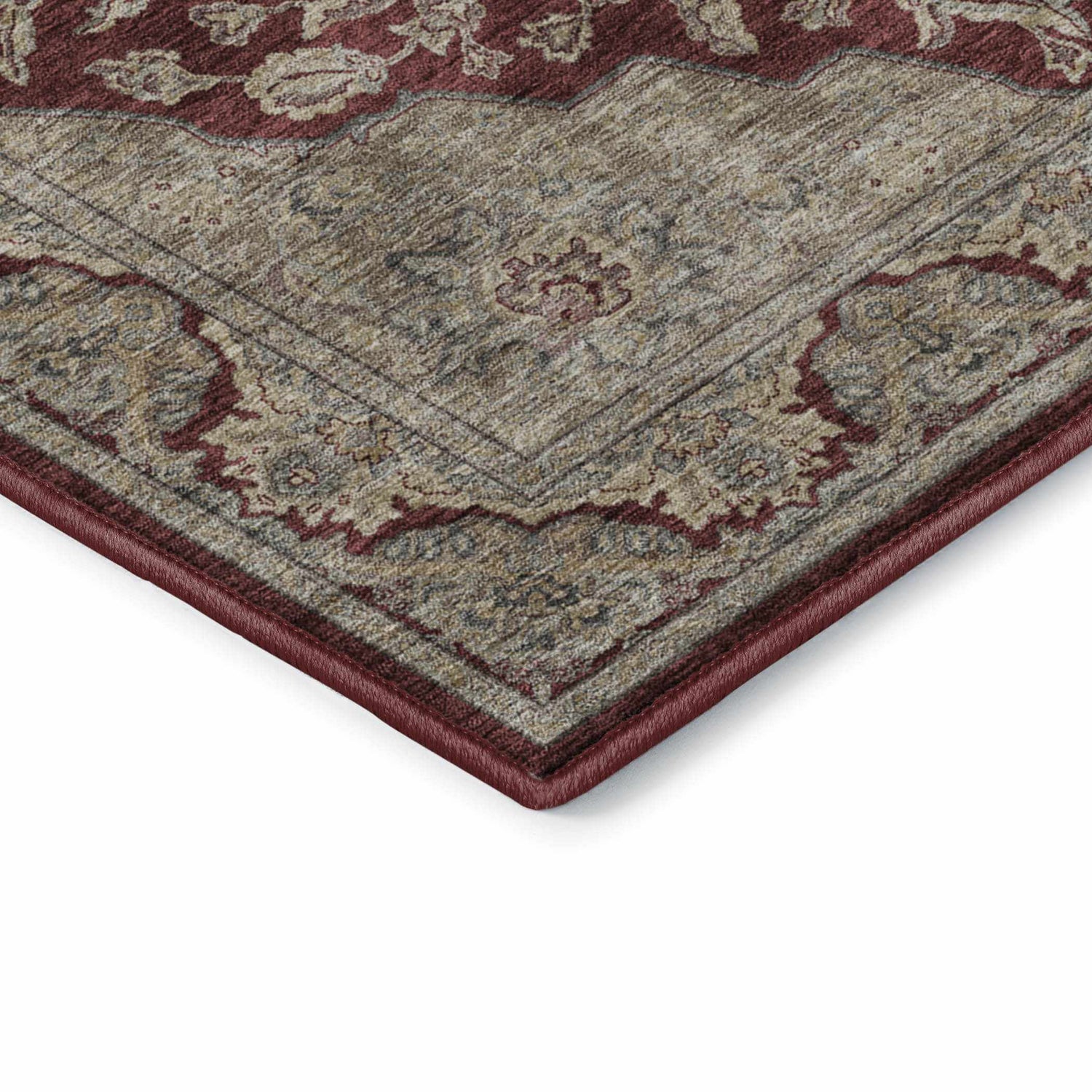 Close-up of the Dalyn Luxury Hatay HY3 Garnet Washable Area Rug, showing beige, red, and ivory traditional pattern.