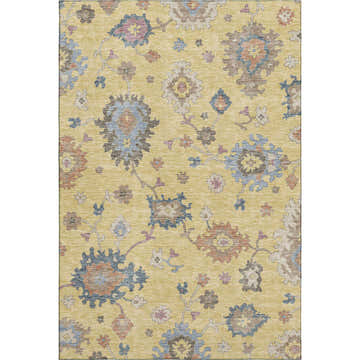 Close-up of the Dalyn Luxury Hatay HY4 Gold Washable Area Rug, featuring a traditional floral pattern in gold, blue, and blush pink.