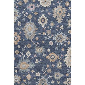 Close-up of the Dalyn Luxury Hatay HY4 Navy Washable Area Rug, featuring a traditional floral pattern in beige, caramel, and light blue.