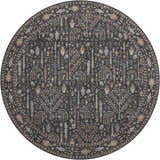 Close-up of round Dalyn Luxury Hatay HY5 Black Washable Area Rug. Features a traditional tree and vase pattern in black, teal, and ivory.