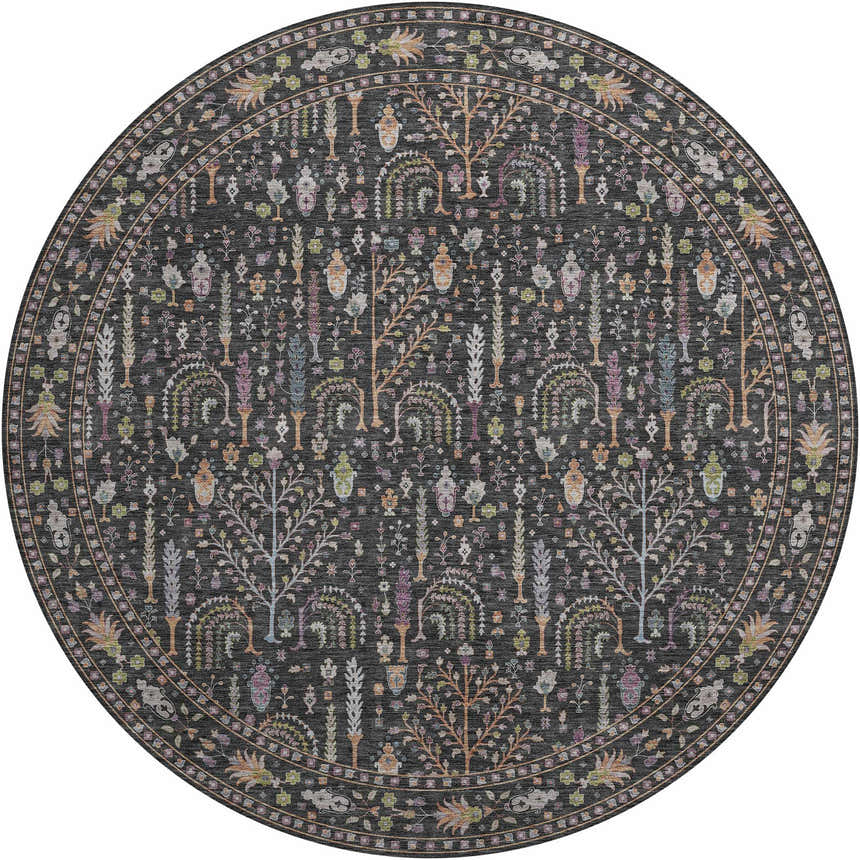 Close-up of round Dalyn Luxury Hatay HY5 Black Washable Area Rug. Features a traditional tree and vase pattern in black, teal, and ivory.