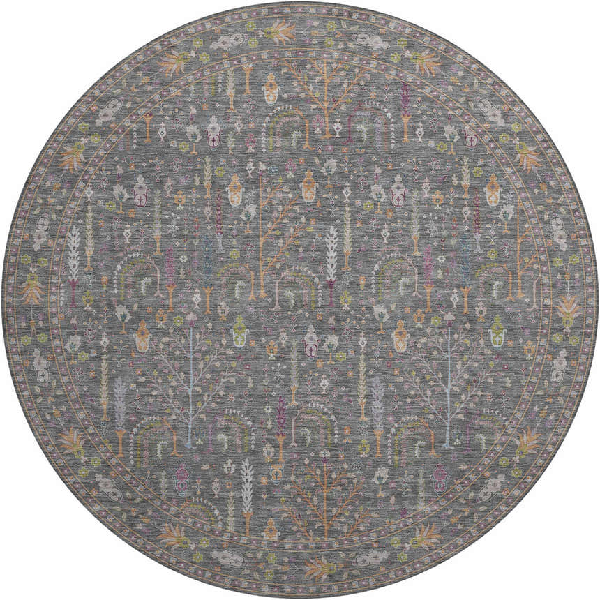 Round Dalyn Luxury Hatay HY5 Gray Washable Area Rug with a traditional tree and floral pattern in burnt, green, ivory, and purple.