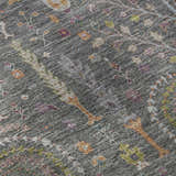 Close-up of the Dalyn Luxury Hatay HY5 Gray Washable Area Rug. Farmhouse style rug with burnt, green, ivory, and purple floral pattern.