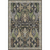 Close-up of the Dalyn Luxury Hatay HY6 Black Washable Area Rug. Features beige, black, olive, and taupe traditional floral pattern.