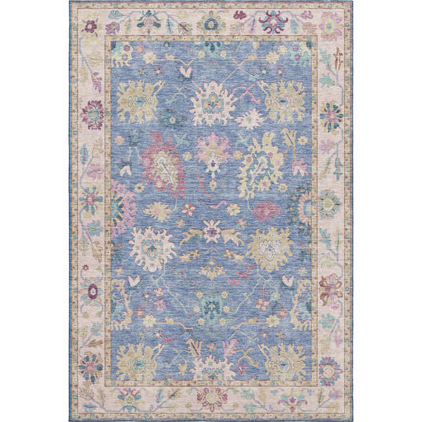 Dalyn Luxury Hatay HY7 Blue Washable Area Rug with a traditional floral pattern in aqua, pink, gold, and beige.