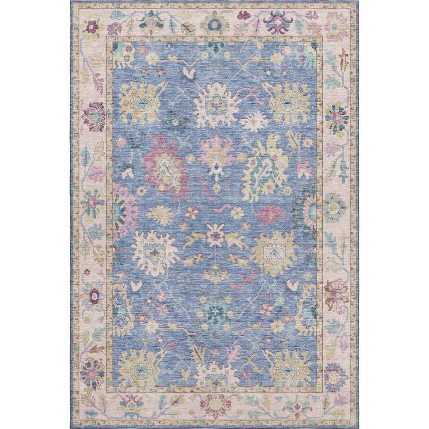 Dalyn Luxury Hatay HY7 Blue Washable Area Rug with a traditional floral pattern in aqua, pink, gold, and beige.