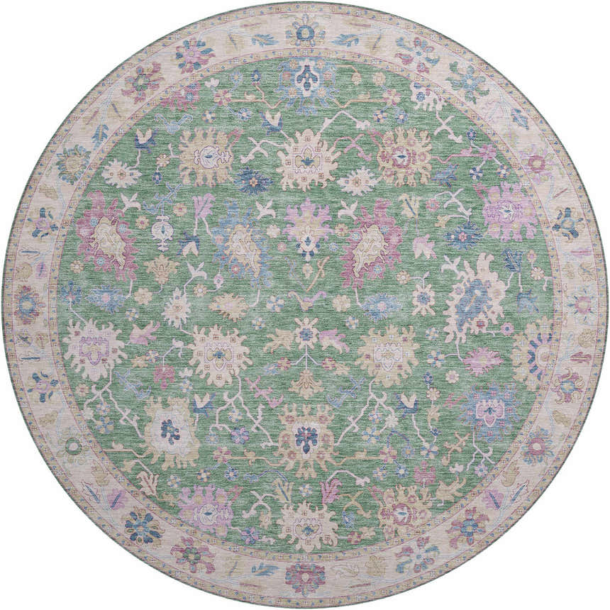 Close-up of a round Dalyn Luxury Hatay HY7 Lime Washable Area Rug with a lime green, floral pattern, and beige border.