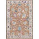 Close-up of the Dalyn Luxury Hatay HY7 Orange Washable Area Rug featuring a traditional floral pattern in orange, pink, and blue.