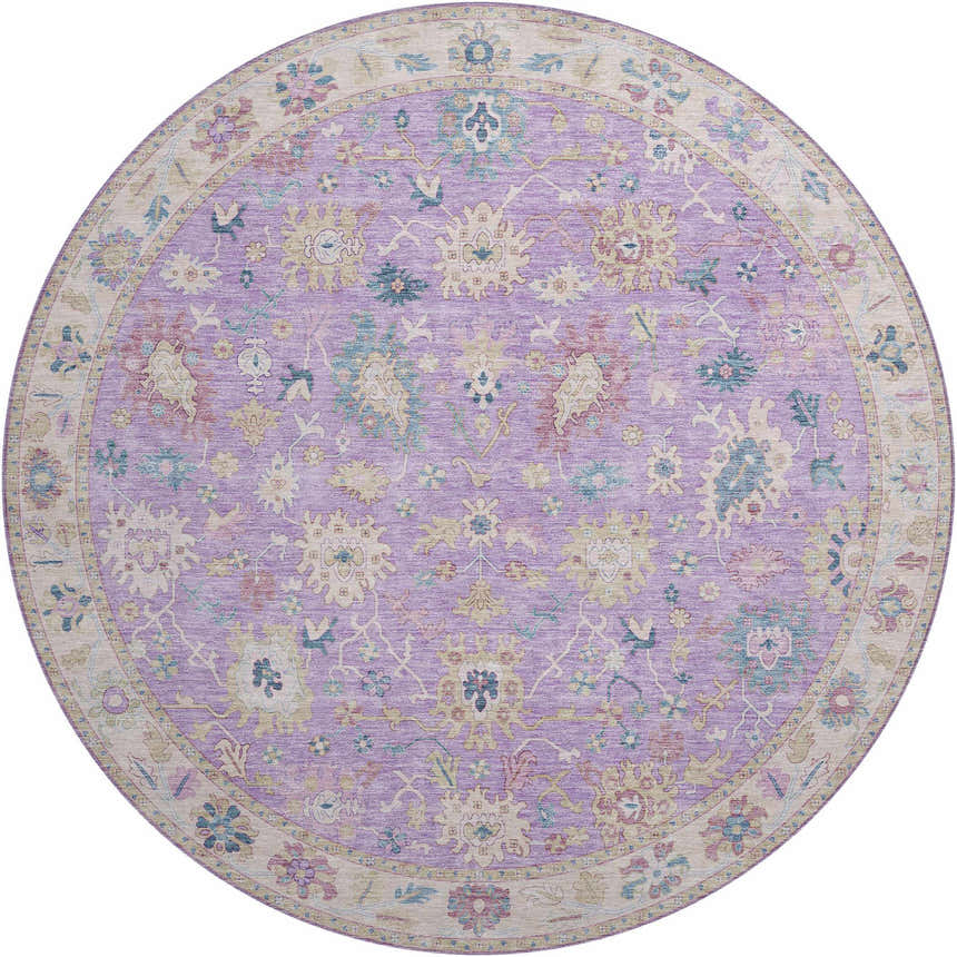 Round Dalyn Luxury Hatay HY7 Purple Washable Area Rug with a traditional floral pattern in purple, beige, and blue.
