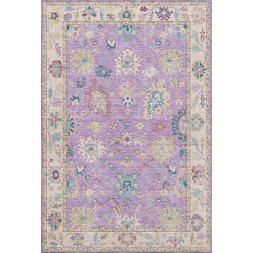Close-up of Dalyn Luxury Hatay HY7 Purple Washable Area Rug. Features a traditional floral pattern in purple, beige, and teal.