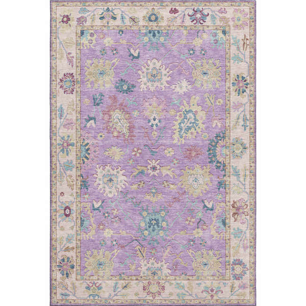Close-up of Dalyn Luxury Hatay HY7 Purple Washable Area Rug. Features a traditional floral pattern in purple, beige, and teal.
