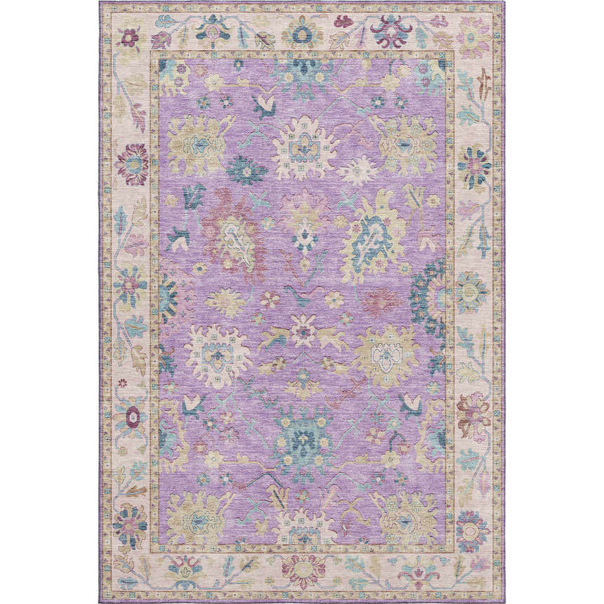 Close-up of Dalyn Luxury Hatay HY7 Purple Washable Area Rug. Features a traditional floral pattern in purple, beige, and teal.