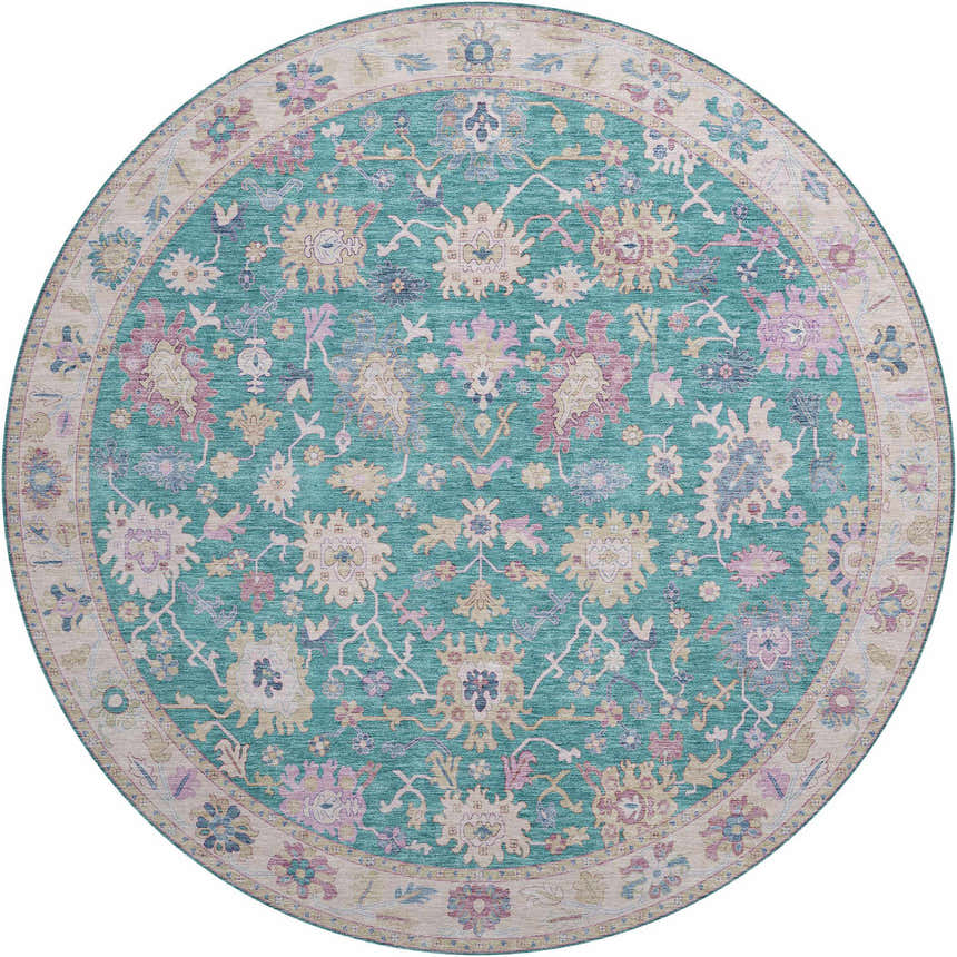 Close-up of a round Dalyn Luxury Hatay HY7 Teal Washable Area Rug with a traditional floral pattern in teal, pink, and beige.
