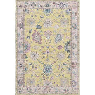 Detailed view of the Dalyn Luxury Hatay HY7 Yellow Washable Area Rug, featuring a traditional floral pattern with aqua, pink, and beige accents.