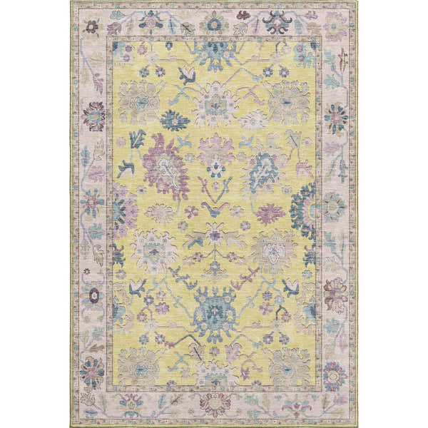 Detailed view of the Dalyn Luxury Hatay HY7 Yellow Washable Area Rug, featuring a traditional floral pattern with aqua, pink, and beige accents.
