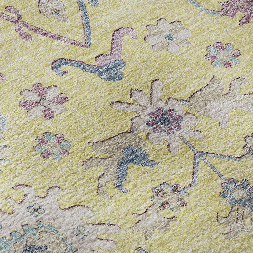 Close up of the Dalyn Luxury Hatay HY7 Yellow Washable Area Rug, featuring floral design in pink, blue and beige.
