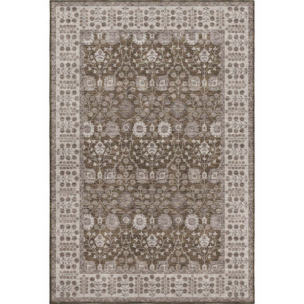 Close-up of the Dalyn Luxury Hatay HY8 Chocolate Washable Area Rug, featuring a traditional floral pattern in brown, beige, and ivory.