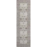 Close-up of Dalyn Luxury Hatay HY8 Ivory Washable Area Rug. Farmhouse style runner rug with beige, brown, and floral pattern.