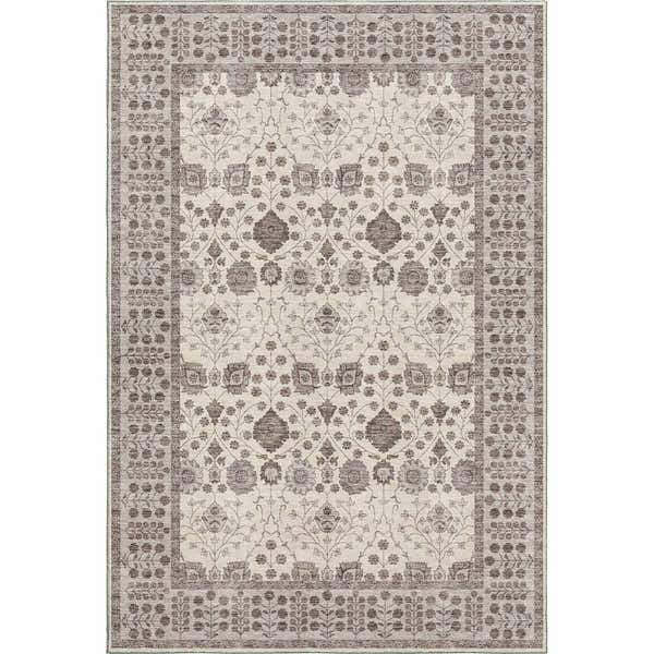 Close-up of the Dalyn Luxury Hatay HY8 Ivory Washable Area Rug. Features a traditional floral pattern in beige, brown, and ivory.