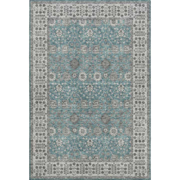 Close-up of a Dalyn Luxury Hatay HY8 Teal Washable Area Rug. Features a traditional floral pattern in teal, gray, and taupe.
