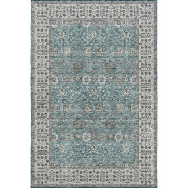 Close-up of a Dalyn Luxury Hatay HY8 Teal Washable Area Rug. Features a traditional floral pattern in teal, gray, and taupe.