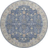 Round Dalyn Luxury Hatay HY9 Blue Washable Area Rug with a traditional floral pattern in beige, gold, and navy.